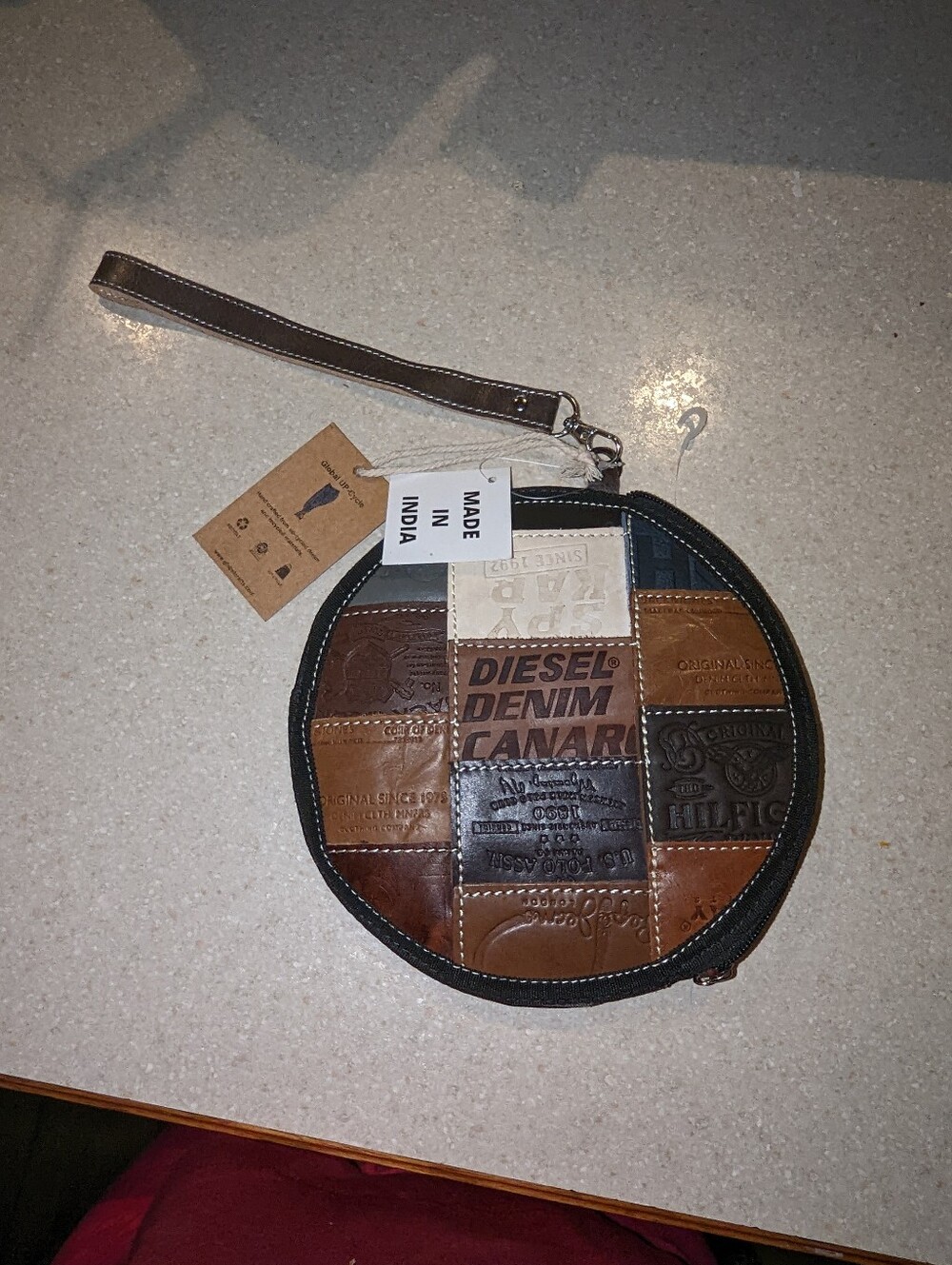 NWT real leather patchwork upcycled jean tag round wristlet wallet small bag pur